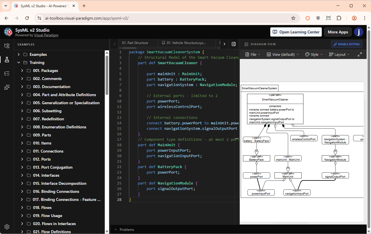 User Interface of Visual Paradigm SysML v2 Studio - At a glance