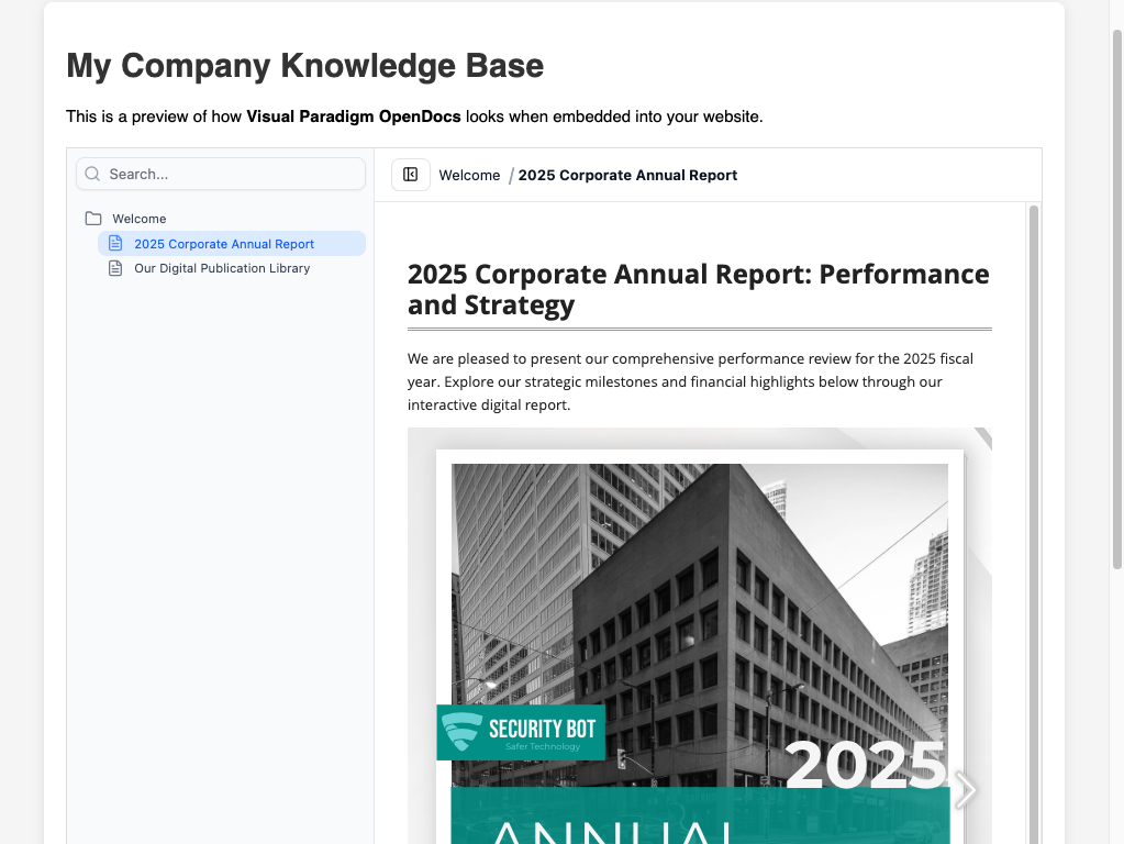 An example of how an OpenDocs project looks when embedded inside a corporate website.