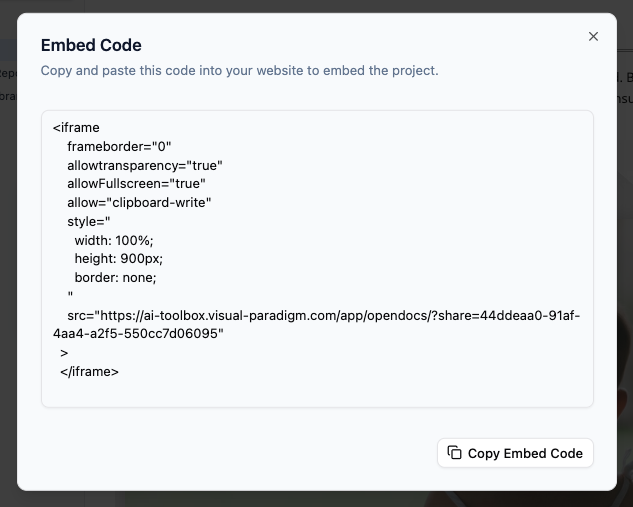 Copying the HTML iframe embed code from the Visual Paradigm OpenDocs dialog window.