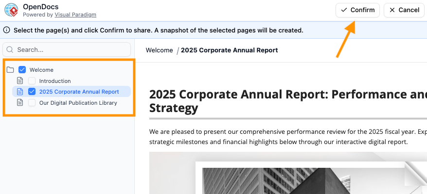 Selecting specific pages to share using checkboxes in the OpenDocs knowledge tree.