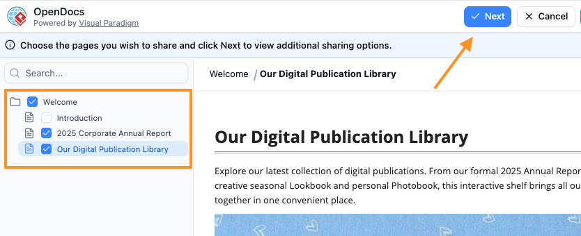 Selecting specific pages to share using checkboxes in the OpenDocs knowledge tree.