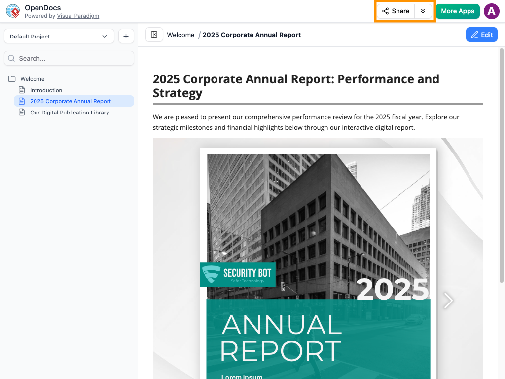 Clicking the Share button in the top right corner of the Visual Paradigm OpenDocs interface.