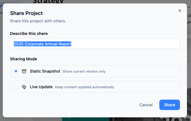 Entering a custom description for a shared knowledge subset in OpenDocs.