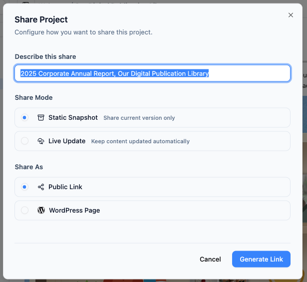 Entering a custom description for a shared knowledge subset in OpenDocs.