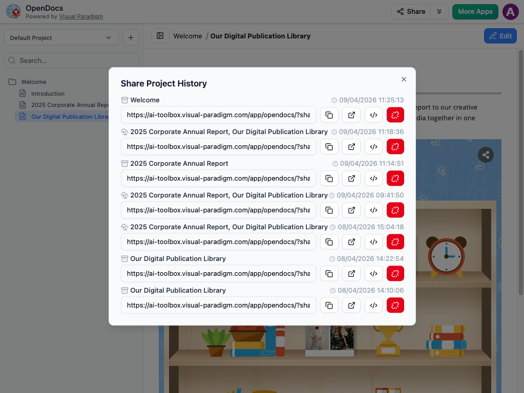 A list of previously shared links and snapshots in the Visual Paradigm OpenDocs share history.