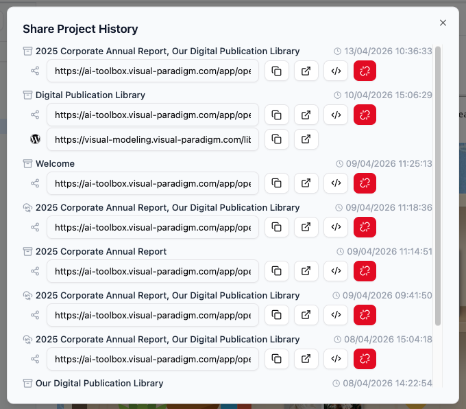 A list of previously shared links and snapshots in the Visual Paradigm OpenDocs share history.