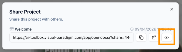 The OpenDocs share summary dialog highlighting the embed code icon.