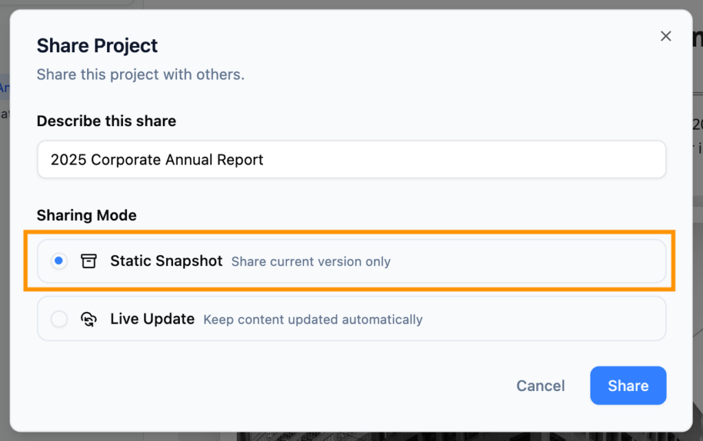 Selecting between Static Snapshot and Live Update in the OpenDocs sharing settings.