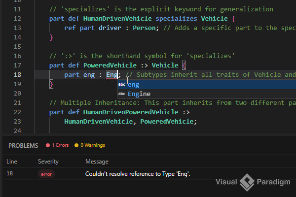 SysML v2 code editor with real time syntax validation