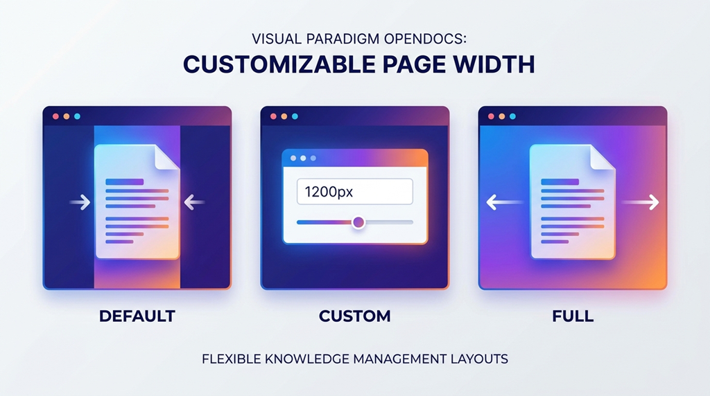 A conceptual graphic for Visual Paradigm OpenDocs titled "Customizable Page Width." It features three browser window panels illustrating the new layout options: 'Default' showing a centered document with margins, 'Custom' showing a pixel-value input (1200px) with a slider, and 'Full' showing content expanding to the edges of the window.