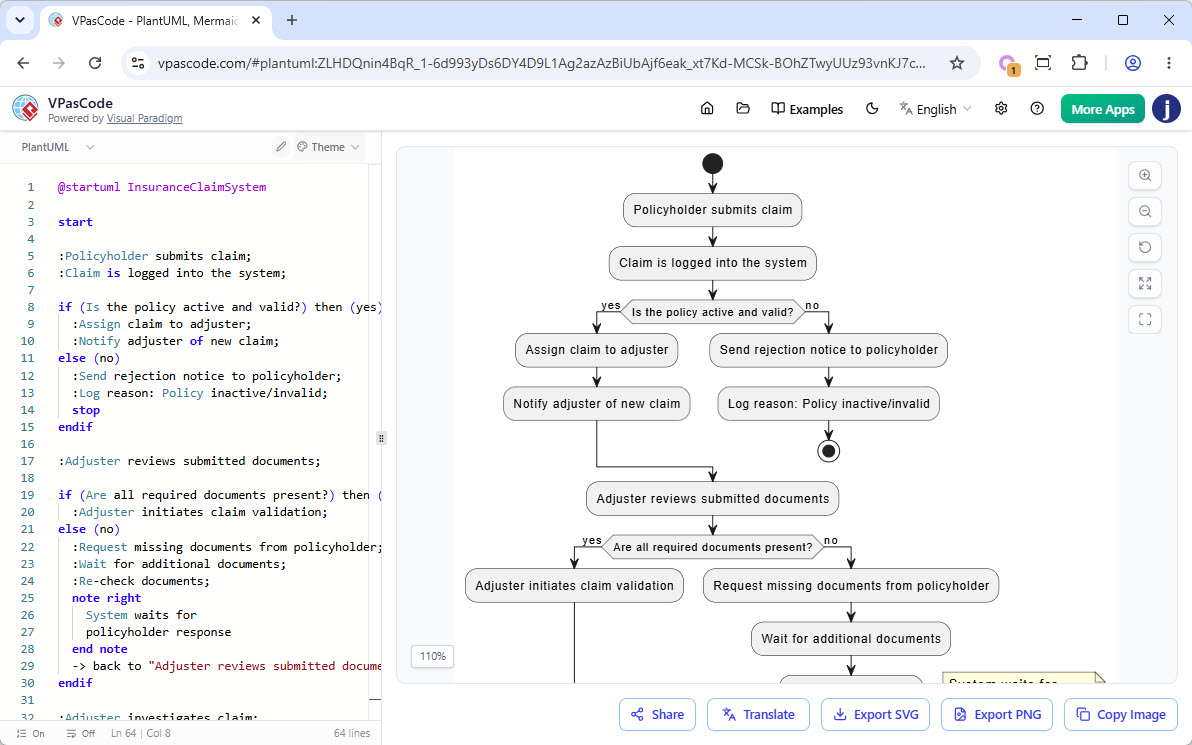 PlantUML activity diagram for an insurance claim system in VPasCode