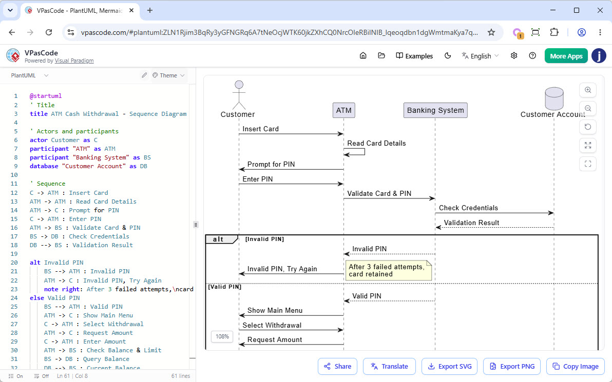 PlantUML sequence diagram for ATM cash withdrawal in VPasCode