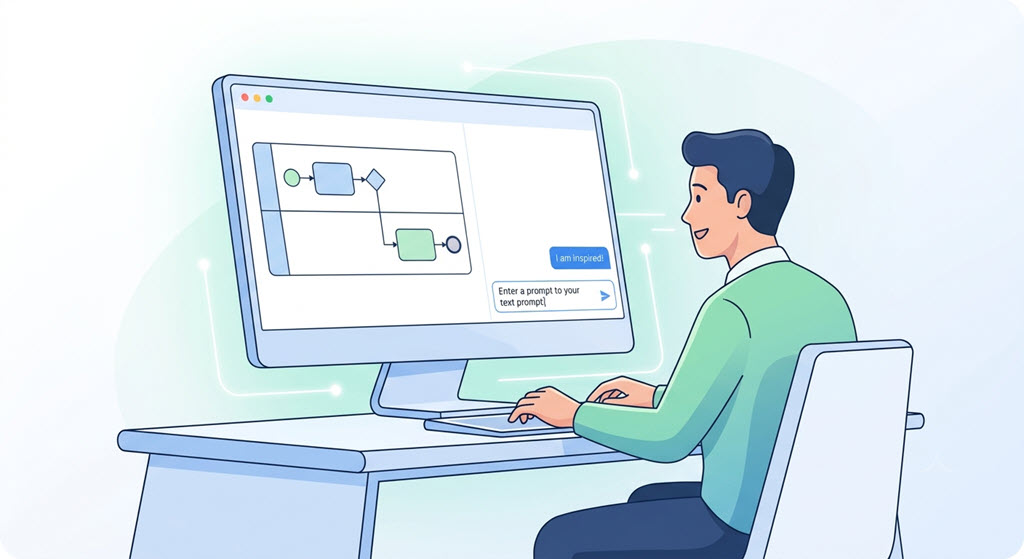 A user brainstorms a business process by typing a text prompt into a conversational AI interface, which generates an initial simple BPMN diagram on the screen.