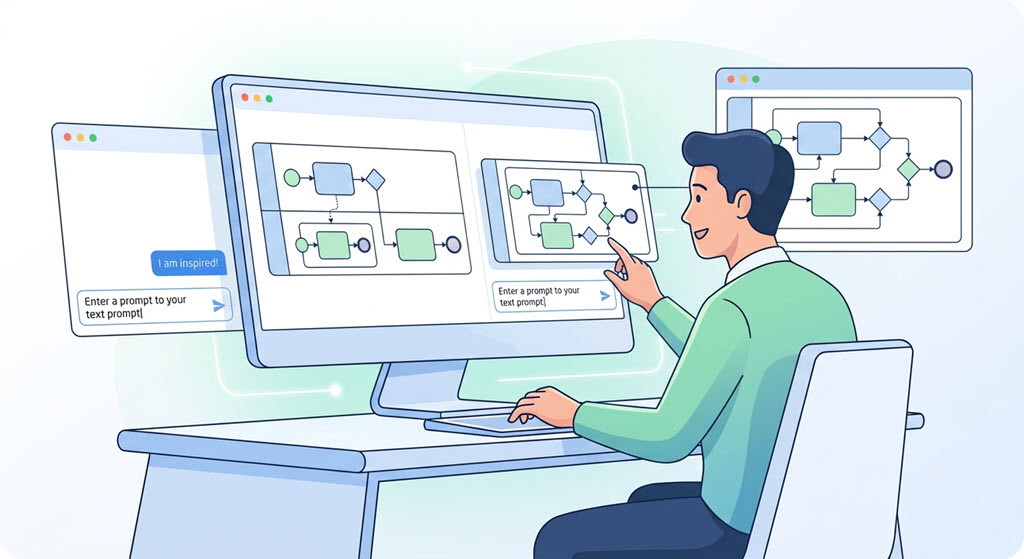 The user refines a complex BPMN diagram with the AI chatbot, which generates a secondary, focused view breaking down a specific sub-process from the main workflow.