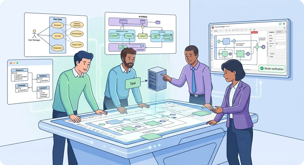 A team of professionals collaborates around an interactive table, integrating a complex BPMN process with UML, ArchiMate, and ERD data models using Visual Paradigm.
