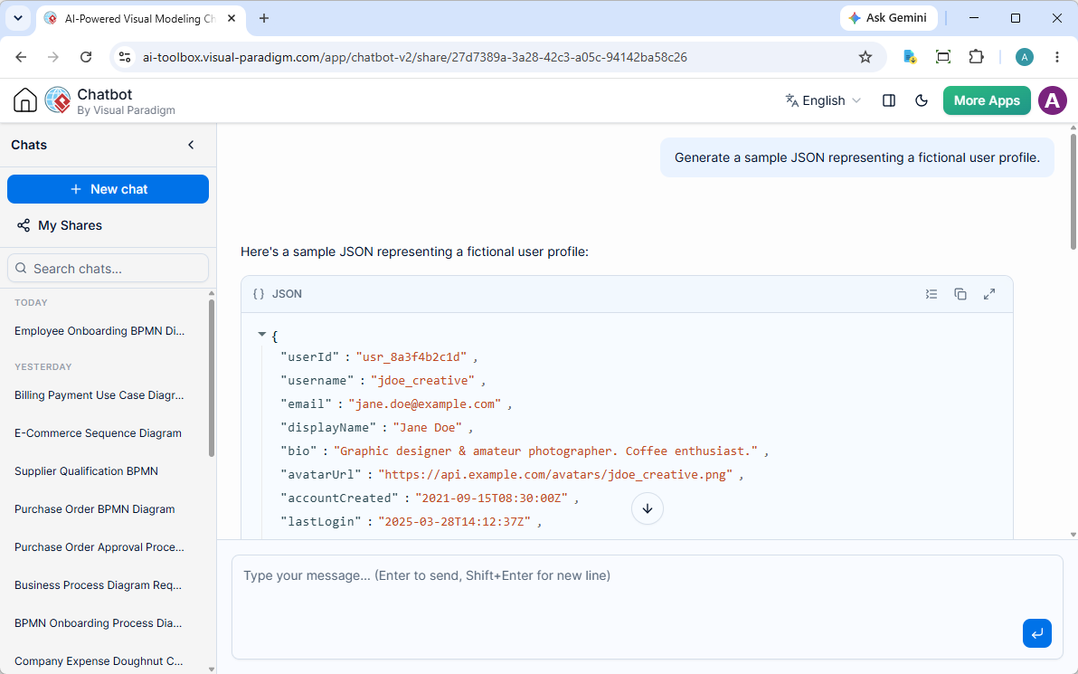 Generating JSON code with Visual Paradigm's AI JSON generator