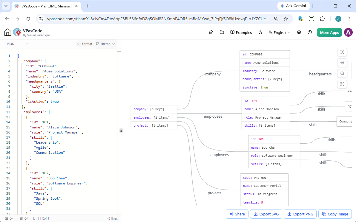 Editing a JSON in VPasCode's visual JSON editor