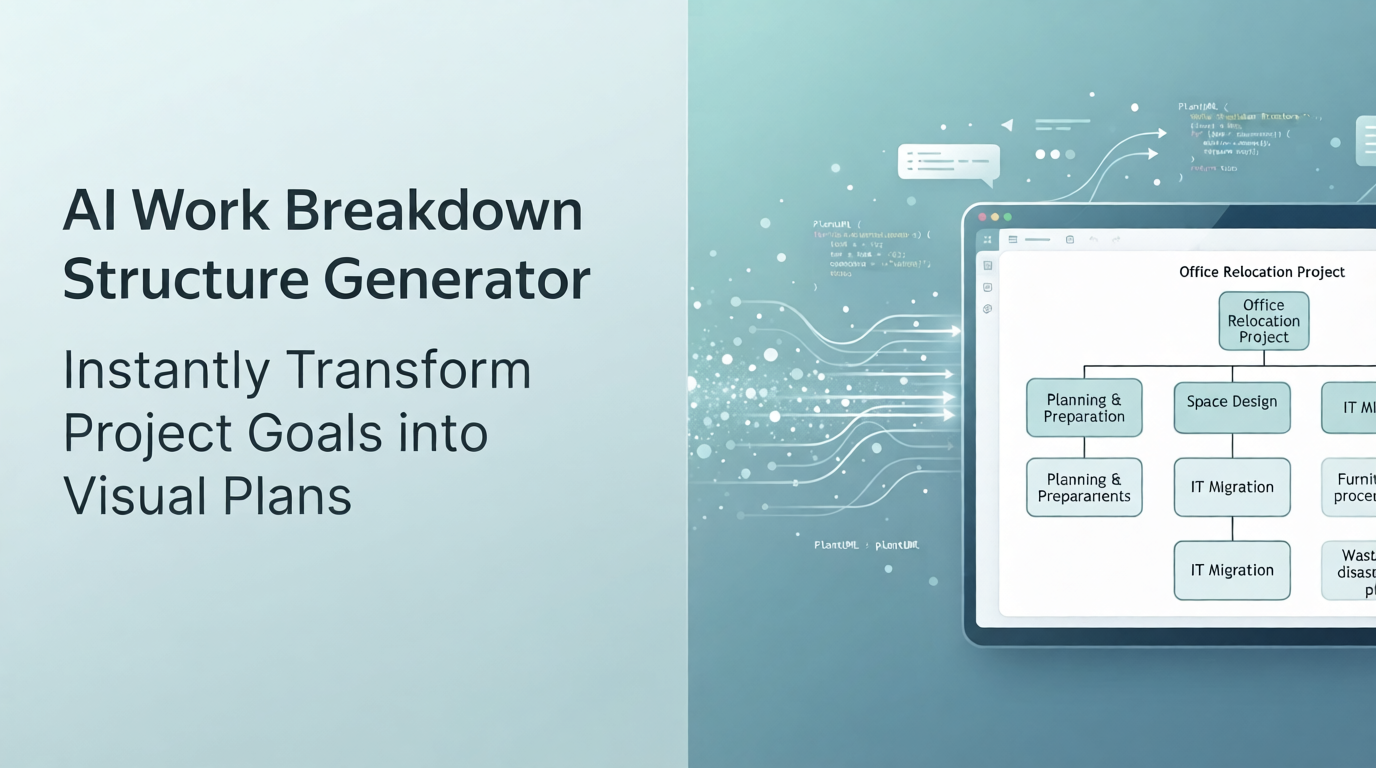 A hero banner graphic with a split background. The left side, in dark grey text, reads: "AI Work Breakdown Structure Generator" followed by "Instantly Transform Project Goals into Visual Plans." The right side features a digital illustration of a laptop displaying a hierarchy chart titled "Office Relocation Project," with data streams and code snippets flowing towards the screen.