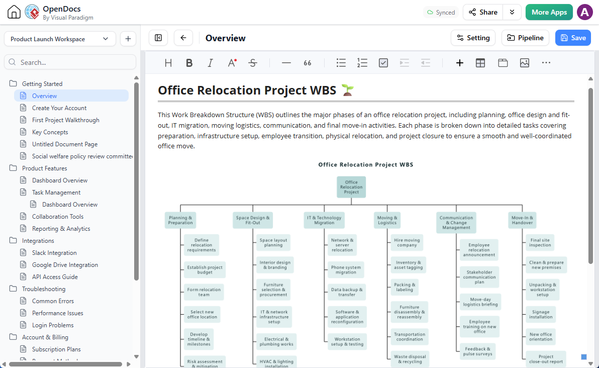 To document a Work Breakdown Structure in Visual Paradigm OpenDocs (Sent from AI Diagramming Chatbot)