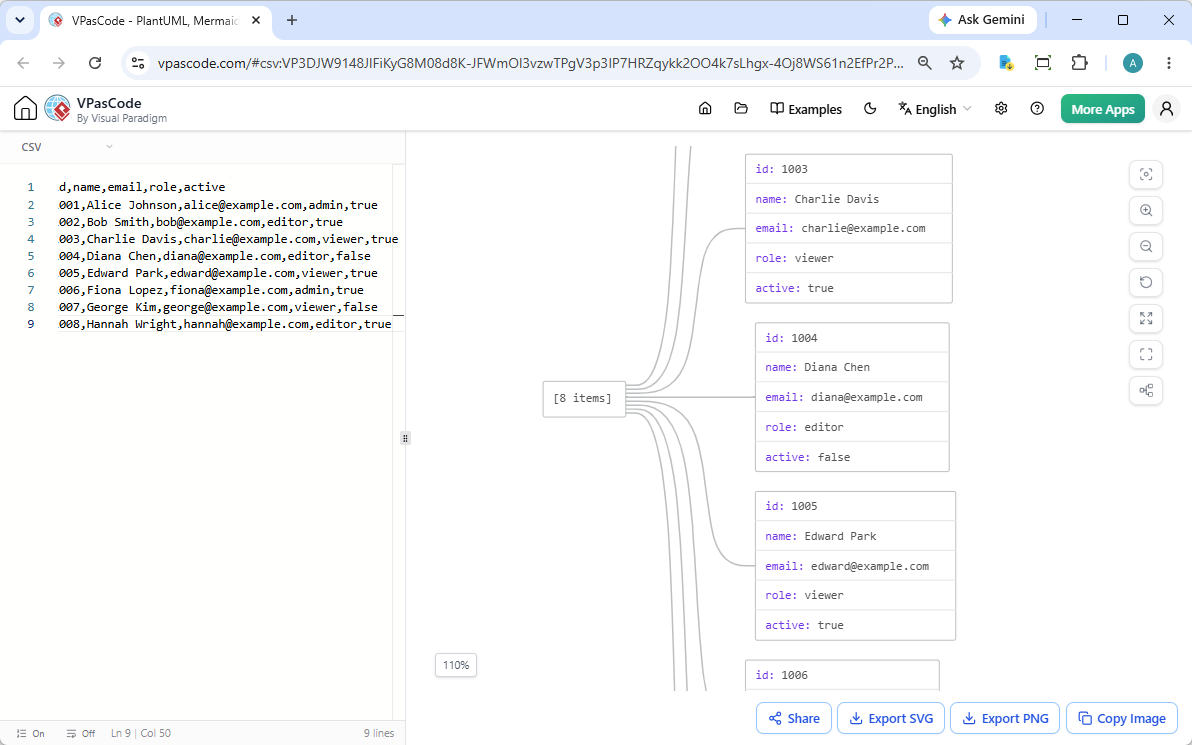 VPasCode CSV Editor and Diagram Tool Interface