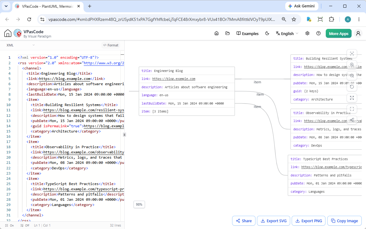 VPasCode XML Editor and Diagram Tool Interface
