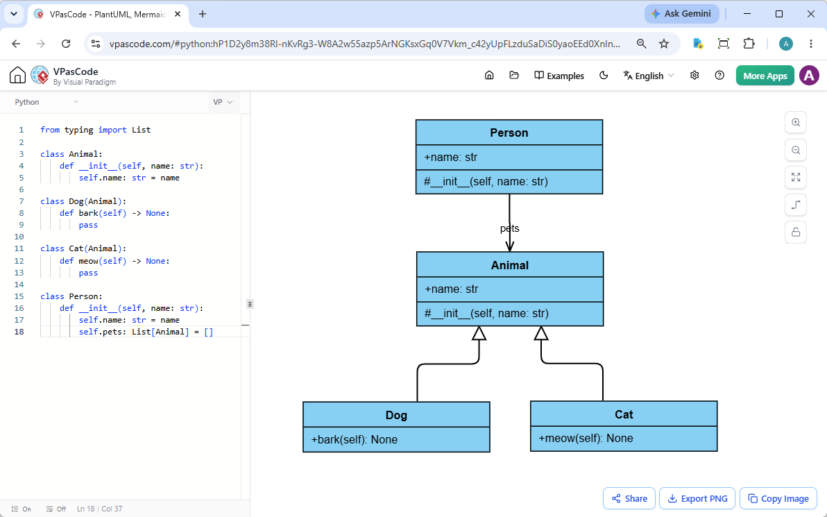 Screenshot of VPasCode, a diagram-as-code tool, editing a Python code and reading the corresponding UML class diagram side by side.