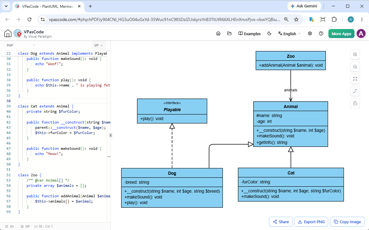 Screenshot of VPasCode, a diagram-as-code tool, editing a PHP code and reading the corresponding UML class diagram side by side.