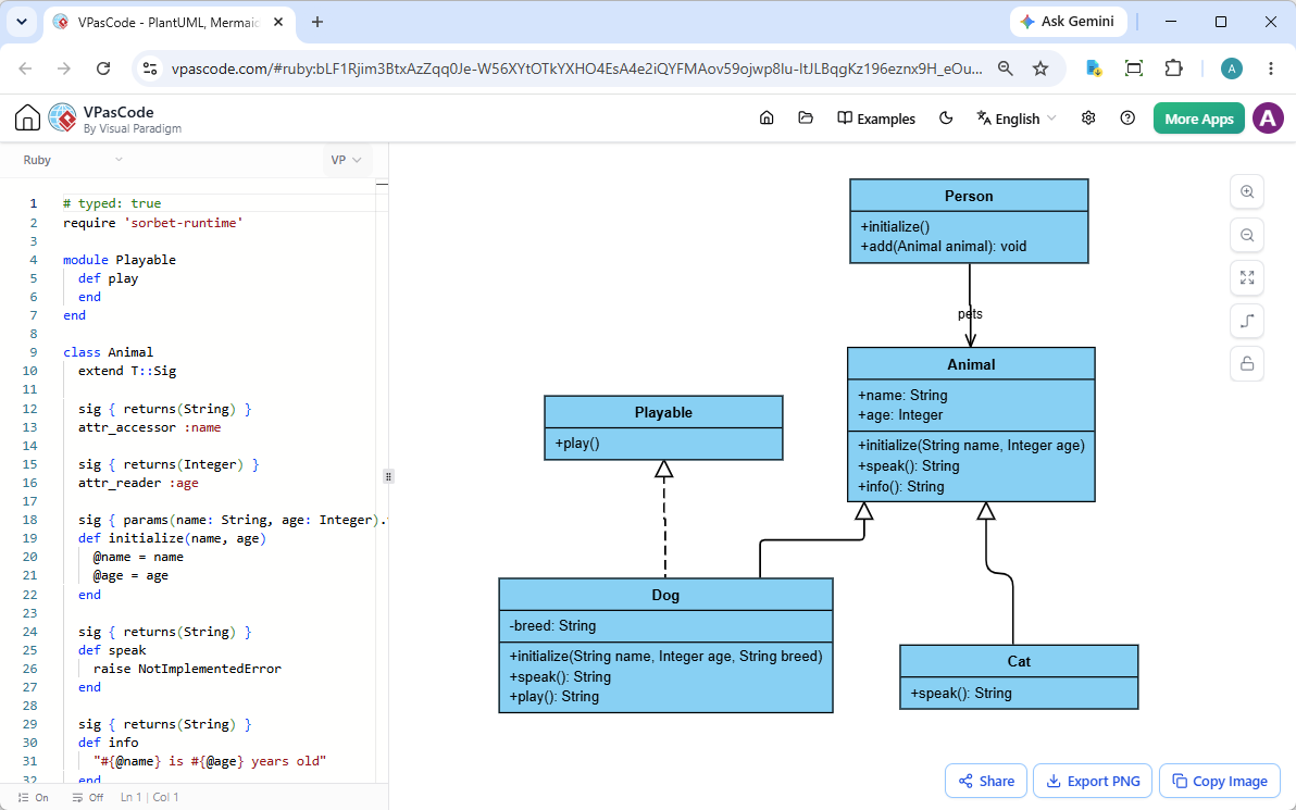 Screenshot of VPasCode, a diagram-as-code tool, editing a Ruby code and reading the corresponding UML class diagram side by side.