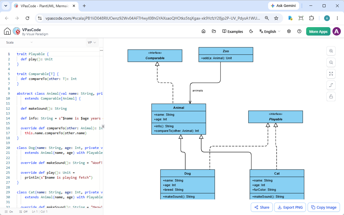 Screenshot of VPasCode, a diagram-as-code tool, editing a Scala code and reading the corresponding UML class diagram side by side.