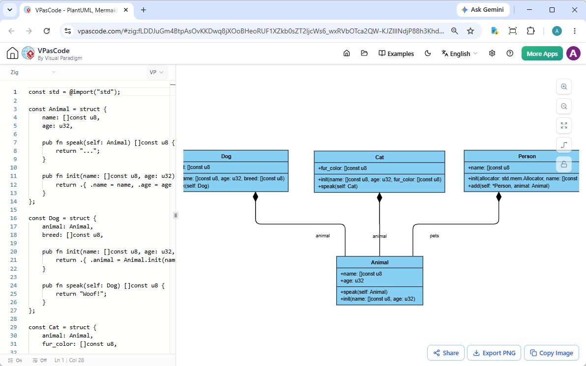 Screenshot of VPasCode, a diagram-as-code tool, editing a Zig code and reading the corresponding UML class diagram side by side.