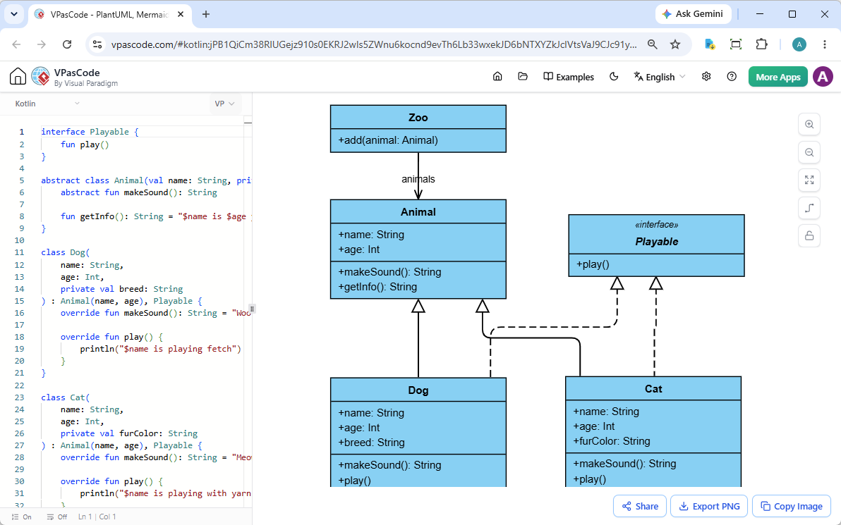 Screenshot of VPasCode, a diagram-as-code tool, editing a Kotlin code and reading the corresponding UML class diagram side by side.