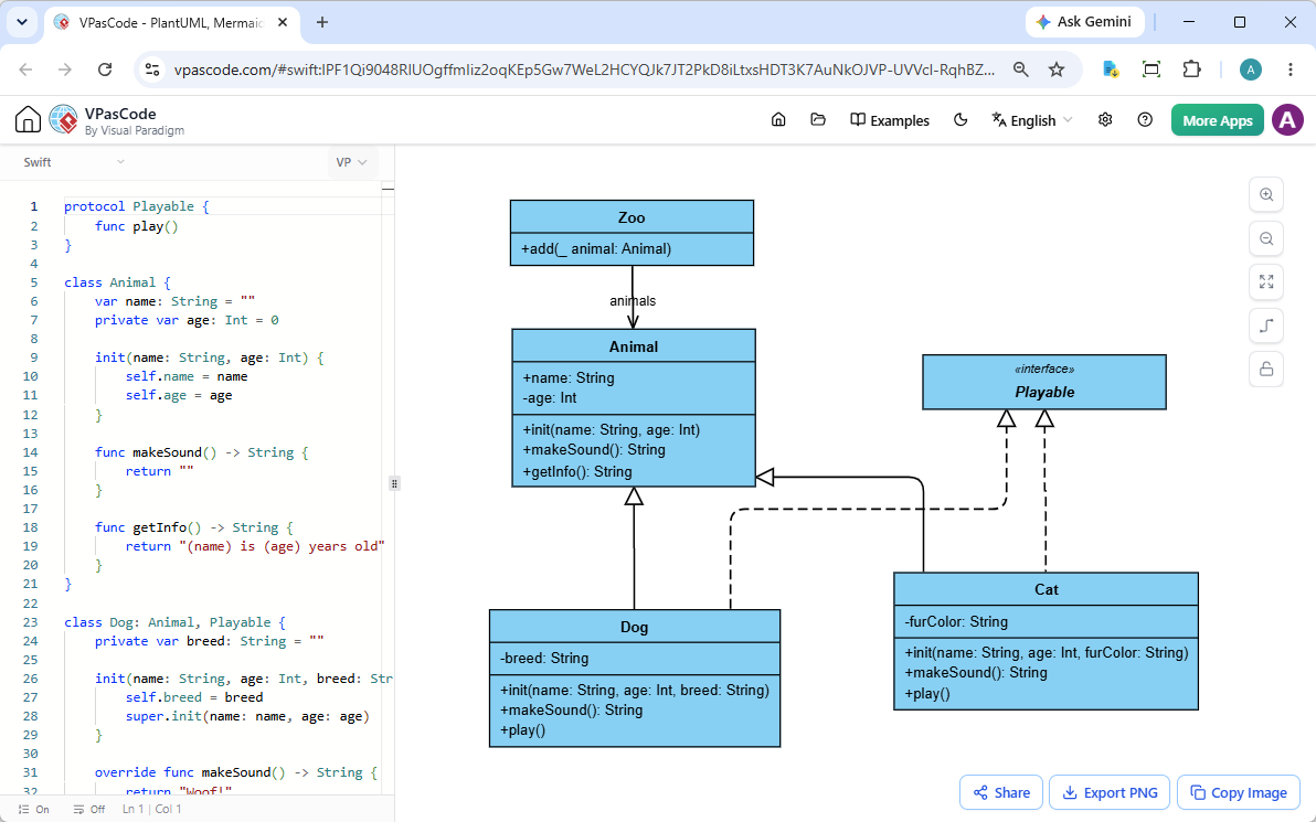 Screenshot of VPasCode, a diagram-as-code tool, editing a Swift code and reading the corresponding UML class diagram side by side.