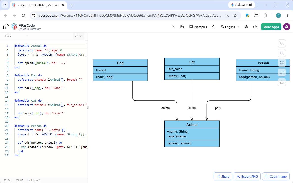 Screenshot of VPasCode, a diagram-as-code tool, editing a Elixir code and reading the corresponding UML class diagram side by side.