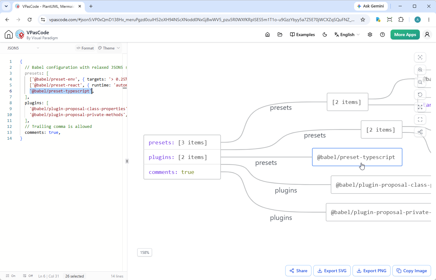 Editing JSON5 code in VPasCode, a diagram-as-code tool that supports multiple languages and formats, including but not limited to PlantUML, Mermaid, Graphviz, ECharts, Markmap, SQL and various programming languages.