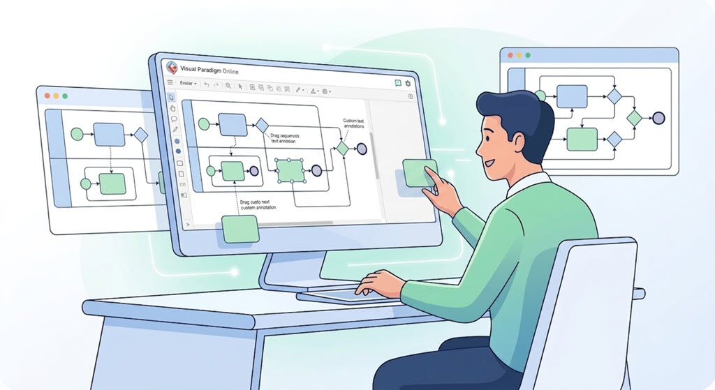 A professional user manually edits a generated BPMN process diagram, dragging shapes and adding text annotations within the cloud-based Visual Paradigm Online editor interface.