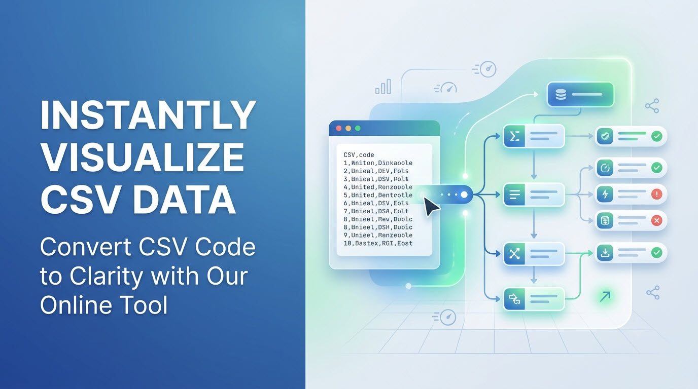 Two-column hero banner featuring the title 'Instantly Visualize CSV Data' next to an illustration converting raw CSV code into an interactive diagram.