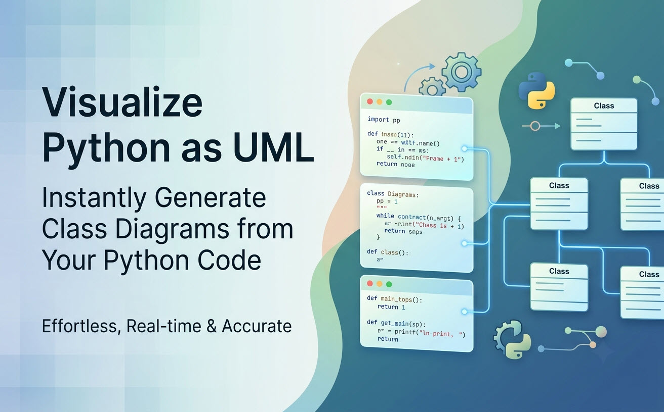 A two-column graphic. The left side features large, bold text reading "Visualize Python as UML," with a subtitle below: "Instantly Generate Class Diagrams from Your Python Code." The right side displays a modern illustration of stylized Python code cards and a UML class diagram, connected by glowing blue lines. Gearing elements and a Python snake motif are included. The overall style is modern, with a harmonious color palette of blues and teals.