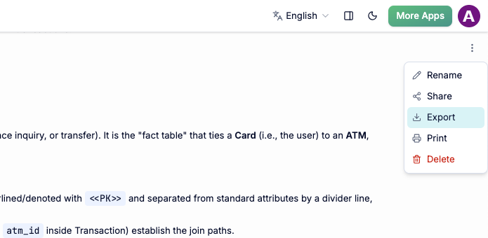 Selecting Export to Markdown from the Visual Paradigm AI Chatbot menu