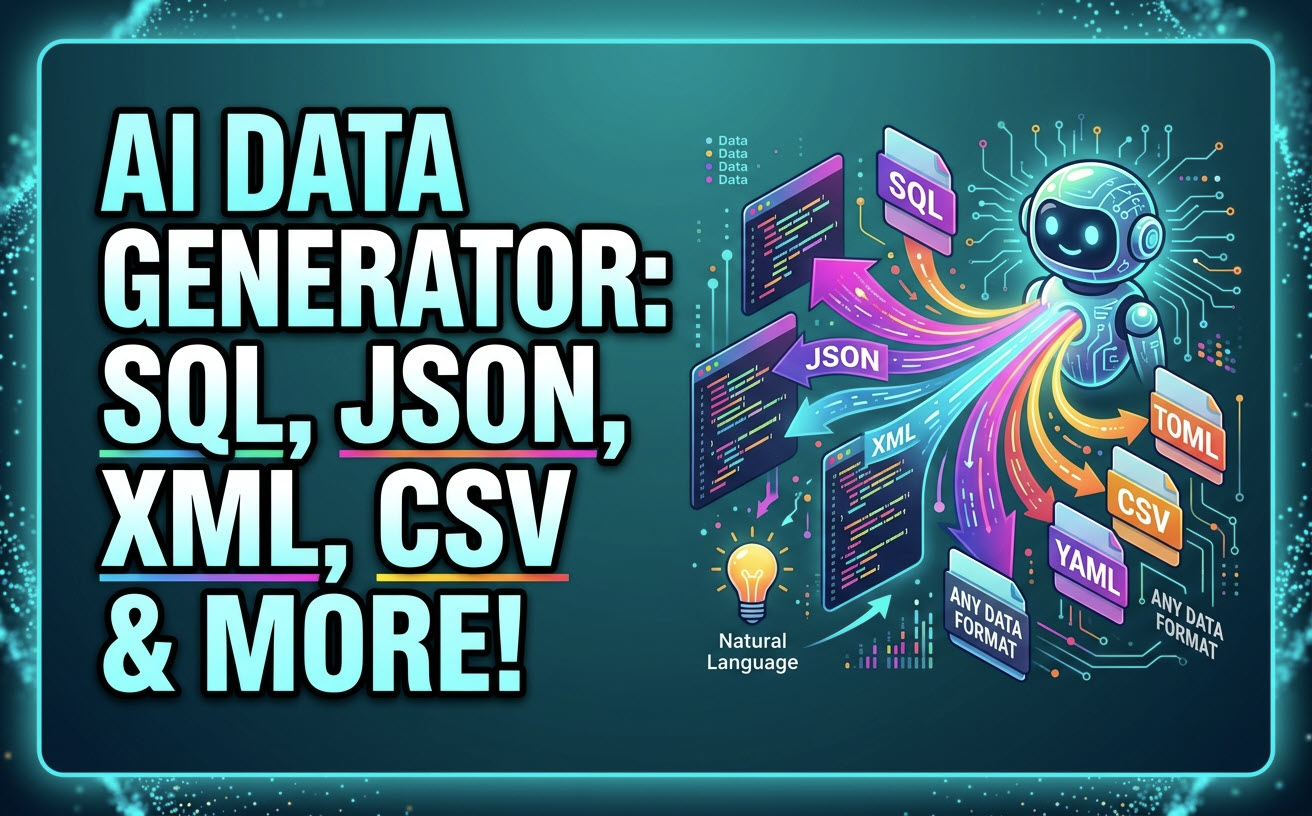 I have generated a visually appealing 16:10 thumbnail designed to maximize clicks for your new feature video. It features a bold, direct title: "AI DATA GENERATOR: SQL, JSON, XML, CSV & MORE!" using high-contrast colors and strong outlines for excellent readability even at small sizes.