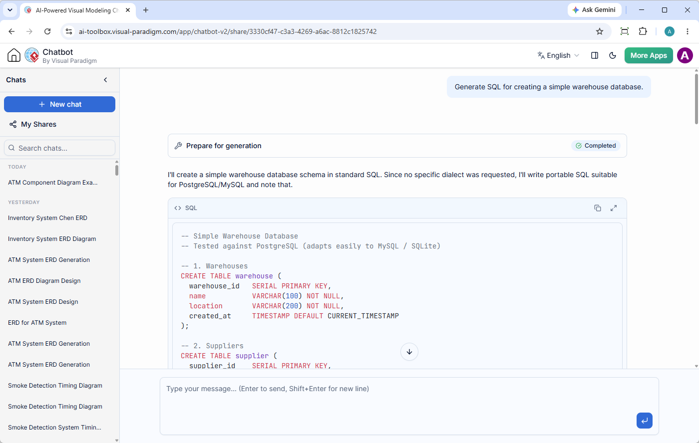 Screenshot of Visual Paradigm AI Diagramming Chatbot showing the generation of SQL