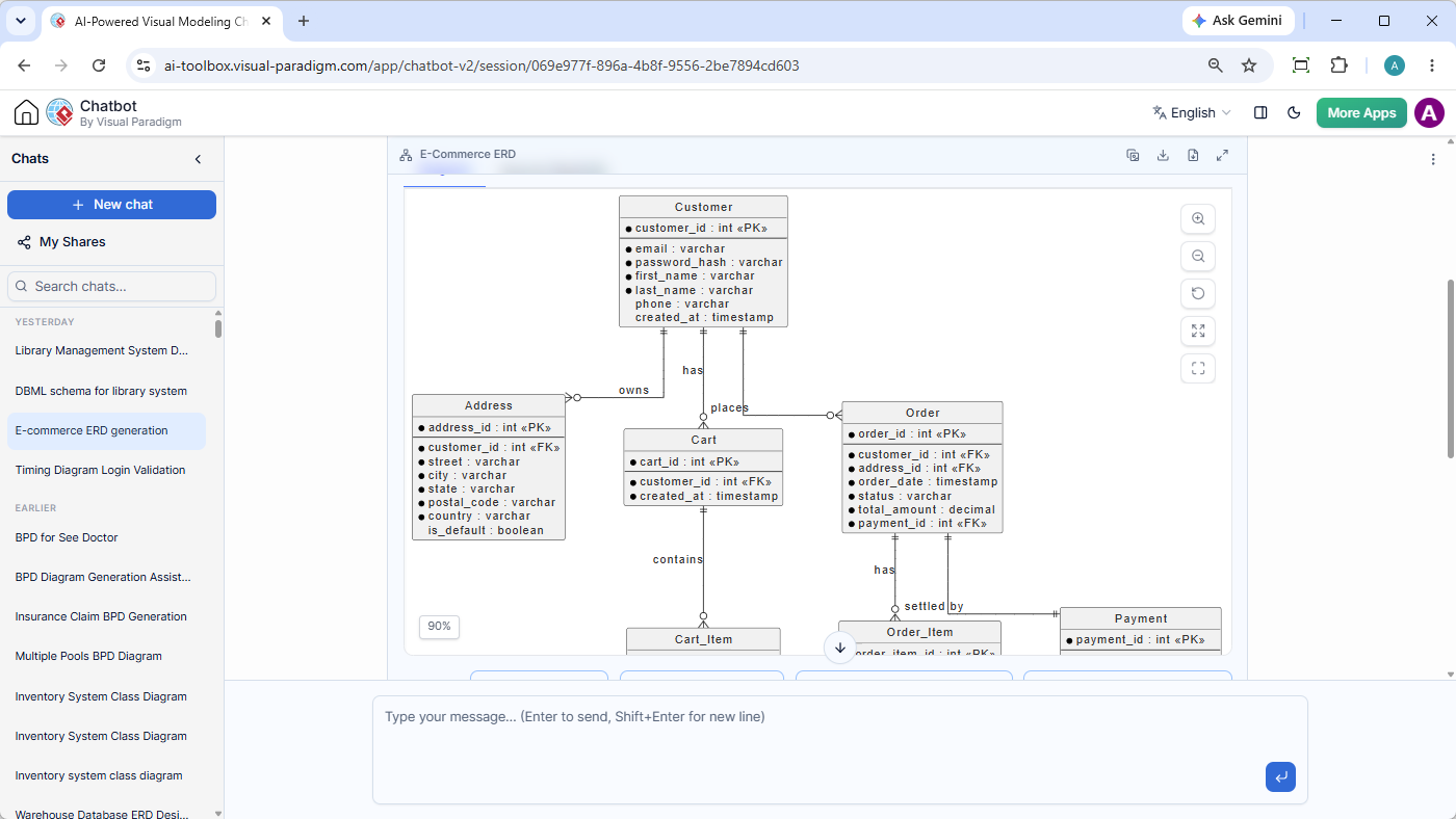 A screenshot of Visual Paradigm's AI Diagramming chatbot, showing an ERD generated for an e-commerce system.