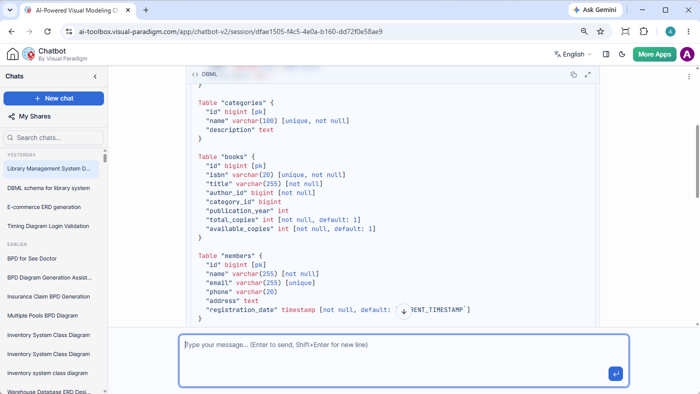The screenshot of Visual Paradigm AI Diagramming Chatbot, showing a DBML generated from a prompt formed with natural language