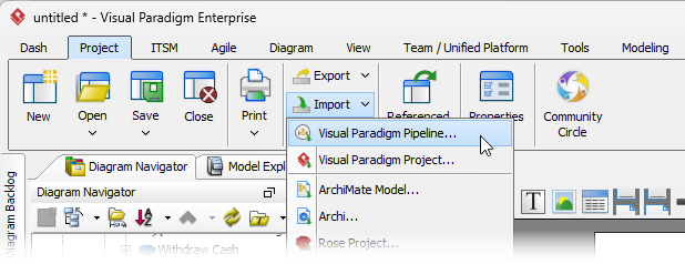 Selecting Import > Visual Paradigm Pipeline... under the Project menu of Visual Paradigm