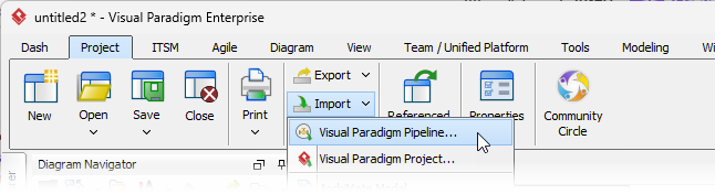 Selecting Import > Visual Paradigm Pipeline... under the Project menu of Visual Paradigm