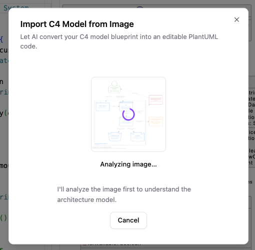 Clicking the Convert button in VPasCode to begin AI OCR analysis on the C4 architecture diagram image.