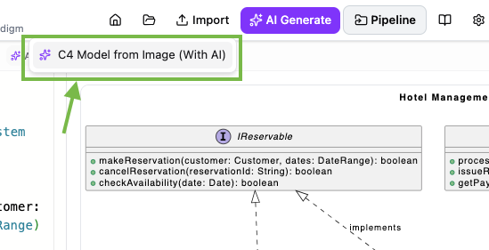 Selecting C4 Model from Image With AI from the VPasCode drop-down menu to open the upload dialog box.