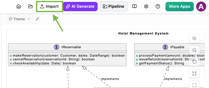 The top menu bar of VPasCode highlighting the Import option for starting the diagram conversion process.