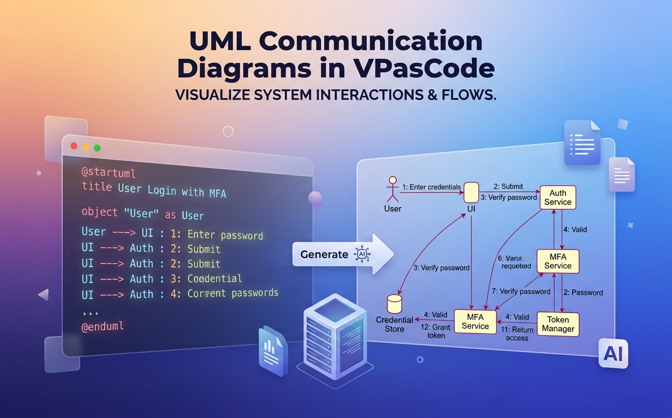 A graphic showing how a UML Communication Diagram for a user login with MFA is generated from PlantUML code in VPasCode, illustrating the visual representation of system interactions and flows.