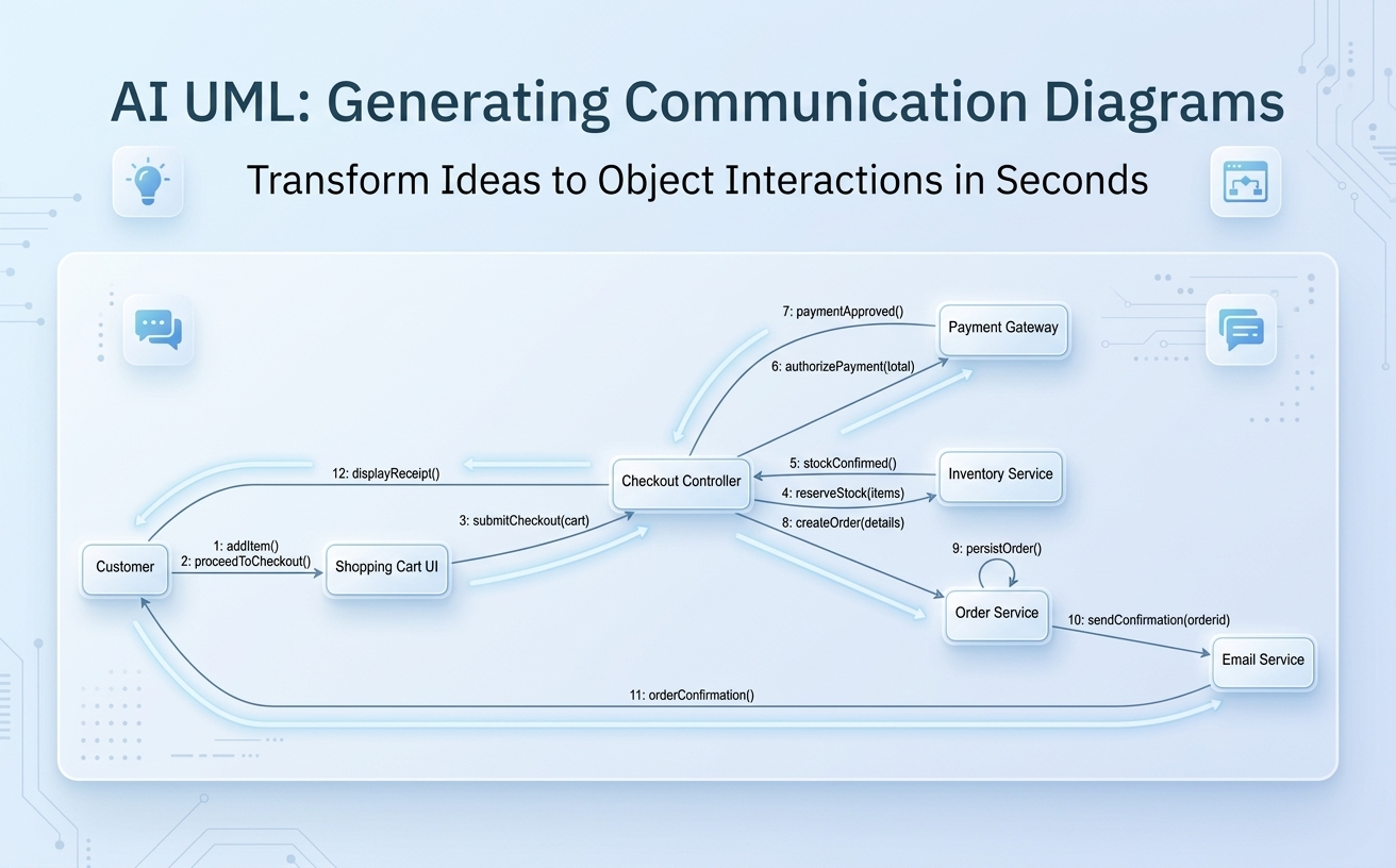 AI UML Communication Diagram hero banner illustrating automated object interactions and system workflow modeling from natural language prompts.
