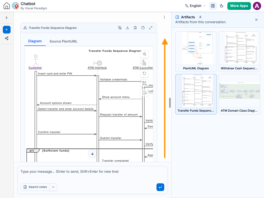 Chatbot window automatically scrolling up to the selected diagram and its conversation context